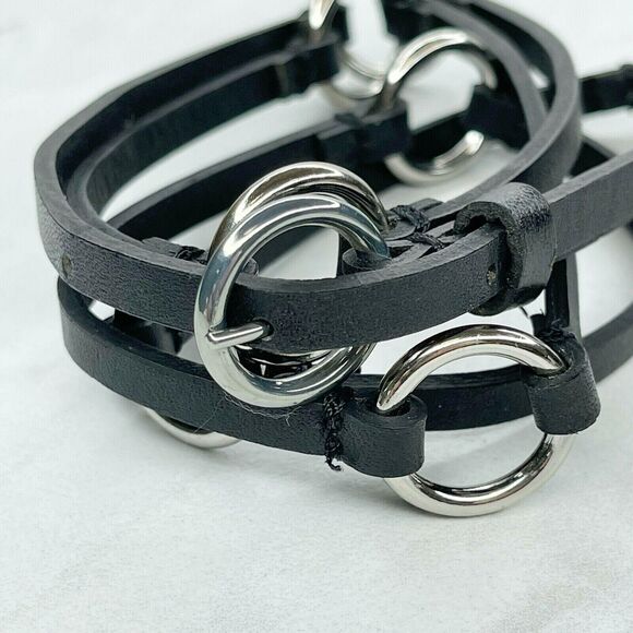 Black Skinny Faux Leather Circle Concho Belt Silver Hardware Large (L) ✨ - Picture 2 of 9